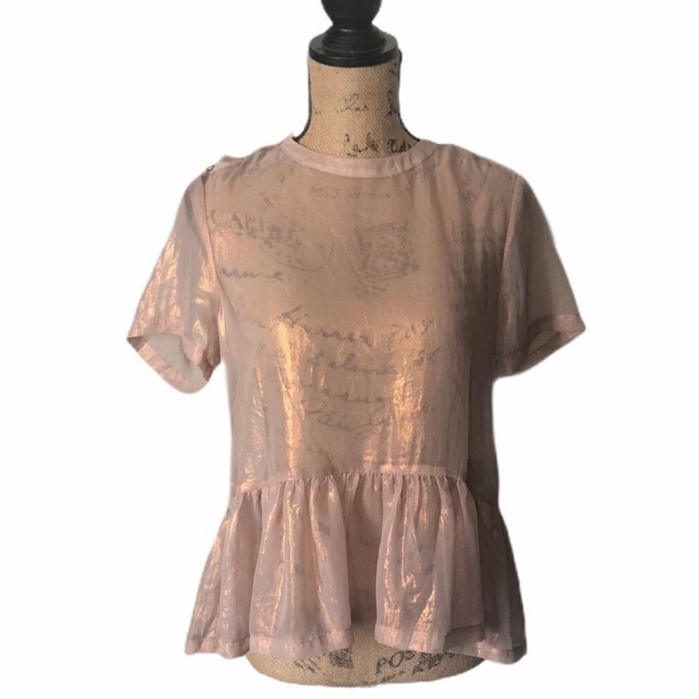 Urban Outfitters Kimchi Blue Women's Shimmery Sheer Blush Peplum Top, Large